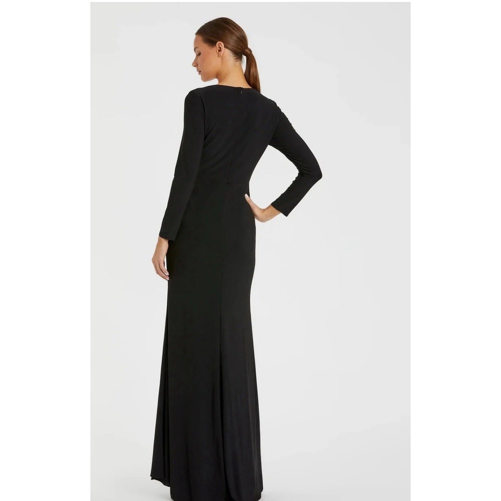 Mac Duggal Black Faux Wrap Long Sleeve Evening Gown with Appliqué Detail Size 12 - Picture 3 of 11